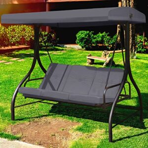 veikou outdoor porch swing with converting seat, 3-seat patio swing chair w/upgraded thick cushion & weather resistant steel frame, backyard swing glider hammock w/adjustable canopy, grey