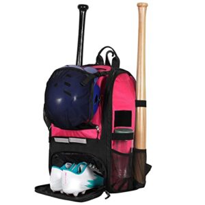 baseball softball bag for girls and adults, baseball bag with separate shoe compartment, large baseball backpack, softball backpack with fence hook, baseball bat bag with 4 side sleeves pink