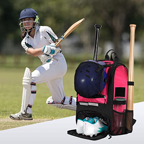 Baseball Softball Bag for Girls and Adults, Baseball Bag with Separate Shoe Compartment, Large Baseball Backpack, Softball Backpack with Fence Hook, Baseball Bat Bag with 4 Side Sleeves Pink