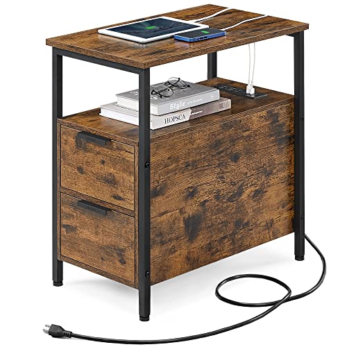 VASAGLE Side Table with Charging Station, Narrow End Table with 2 Drawers, Slim Nightstand and Bedside Table with Storage, for Small Spaces, Rustic Brown and Black ULET321B01