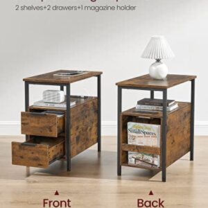 VASAGLE Side Table with Charging Station, Narrow End Table with 2 Drawers, Slim Nightstand and Bedside Table with Storage, for Small Spaces, Rustic Brown and Black ULET321B01