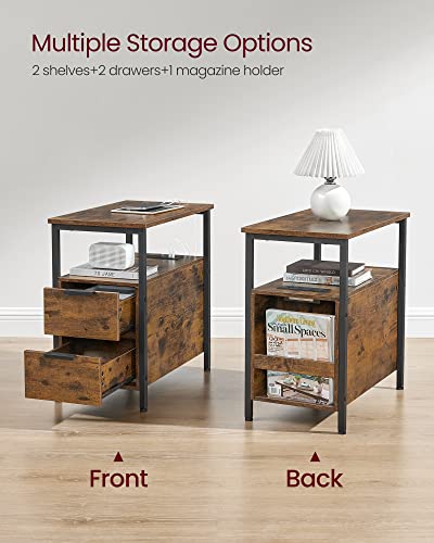 VASAGLE Side Table with Charging Station, Narrow End Table with 2 Drawers, Slim Nightstand and Bedside Table with Storage, for Small Spaces, Rustic Brown and Black ULET321B01