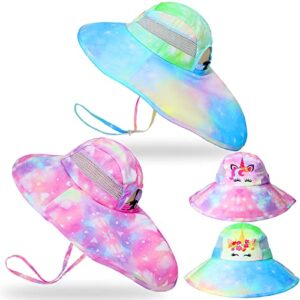 2 pcs sun hat for girls unicorn bucket summer hat kids uv protection beach hat adjustable strap neck flap ponytail cap for kids 4–12 years