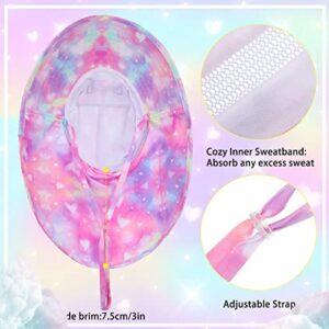 2 Pcs Sun Hat for Girls Unicorn Bucket Summer Hat Kids UV Protection Beach Hat Adjustable Strap Neck Flap Ponytail Cap for Kids 4–12 Years