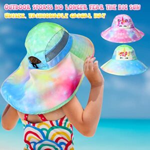 2 Pcs Sun Hat for Girls Unicorn Bucket Summer Hat Kids UV Protection Beach Hat Adjustable Strap Neck Flap Ponytail Cap for Kids 4–12 Years