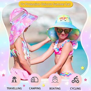 2 Pcs Sun Hat for Girls Unicorn Bucket Summer Hat Kids UV Protection Beach Hat Adjustable Strap Neck Flap Ponytail Cap for Kids 4–12 Years