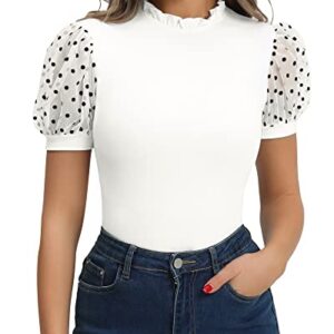 MANGOPOP Women's Bodysuit Ruffle Mock Turtle Neck Polka Dot Sheer Mesh Puff Short Sleeve Slim Fit Body Suit Tops Casual Sexy (L, B Short Sleeve White)