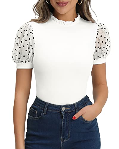 MANGOPOP Women's Bodysuit Ruffle Mock Turtle Neck Polka Dot Sheer Mesh Puff Short Sleeve Slim Fit Body Suit Tops Casual Sexy (L, B Short Sleeve White)