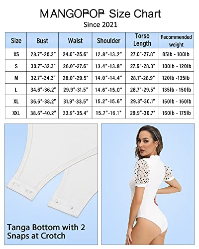 MANGOPOP Women's Bodysuit Ruffle Mock Turtle Neck Polka Dot Sheer Mesh Puff Short Sleeve Slim Fit Body Suit Tops Casual Sexy (L, B Short Sleeve White)