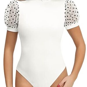 MANGOPOP Women's Bodysuit Ruffle Mock Turtle Neck Polka Dot Sheer Mesh Puff Short Sleeve Slim Fit Body Suit Tops Casual Sexy (L, B Short Sleeve White)