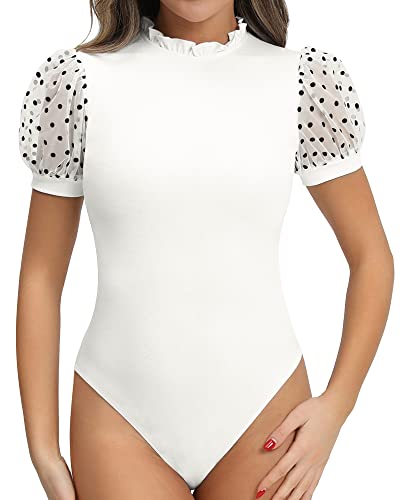 MANGOPOP Women's Bodysuit Ruffle Mock Turtle Neck Polka Dot Sheer Mesh Puff Short Sleeve Slim Fit Body Suit Tops Casual Sexy (L, B Short Sleeve White)