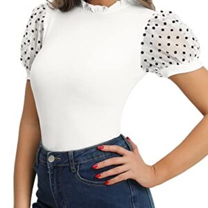 MANGOPOP Women's Bodysuit Ruffle Mock Turtle Neck Polka Dot Sheer Mesh Puff Short Sleeve Slim Fit Body Suit Tops Casual Sexy (L, B Short Sleeve White)