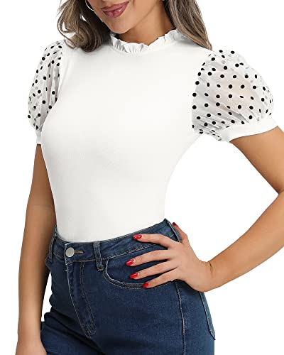 MANGOPOP Women's Bodysuit Ruffle Mock Turtle Neck Polka Dot Sheer Mesh Puff Short Sleeve Slim Fit Body Suit Tops Casual Sexy (L, B Short Sleeve White)