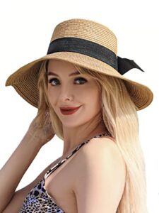 sun hat womens - beach hats for women, wide brim straw womens sun hat with wind lanyard roll up beach hat uv protection hat foldable - khaki