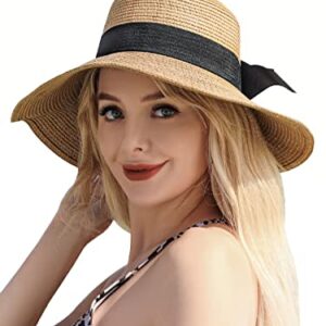 Sun Hat Womens - Beach Hats for Women, Wide Brim Straw Womens Sun Hat with Wind Lanyard Roll Up Beach Hat UV Protection Hat Foldable - Khaki