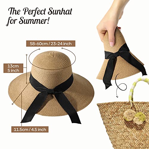 Sun Hat Womens - Beach Hats for Women, Wide Brim Straw Womens Sun Hat with Wind Lanyard Roll Up Beach Hat UV Protection Hat Foldable - Khaki