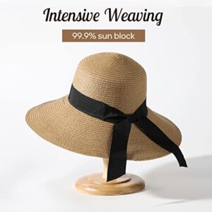 Sun Hat Womens - Beach Hats for Women, Wide Brim Straw Womens Sun Hat with Wind Lanyard Roll Up Beach Hat UV Protection Hat Foldable - Khaki