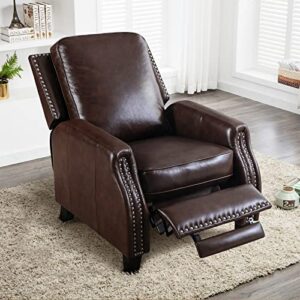 CANMOV Genuine Leather Recliner Chair, Classic and Traditional Push Back Recliner Chair with Solid Wood Legs, Adjustable Single Sofa with Nailhead Trim for Living Room, Bedroom, Brown