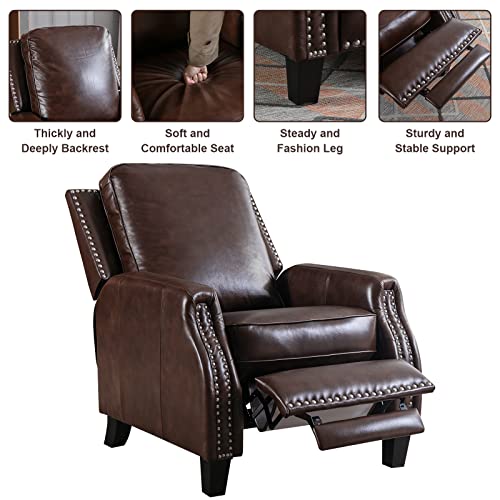 CANMOV Genuine Leather Recliner Chair, Classic and Traditional Push Back Recliner Chair with Solid Wood Legs, Adjustable Single Sofa with Nailhead Trim for Living Room, Bedroom, Brown