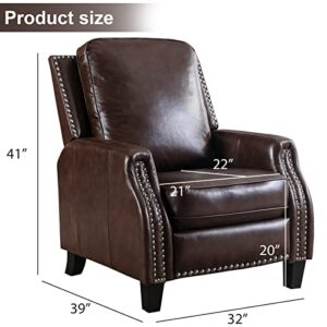 CANMOV Genuine Leather Recliner Chair, Classic and Traditional Push Back Recliner Chair with Solid Wood Legs, Adjustable Single Sofa with Nailhead Trim for Living Room, Bedroom, Brown