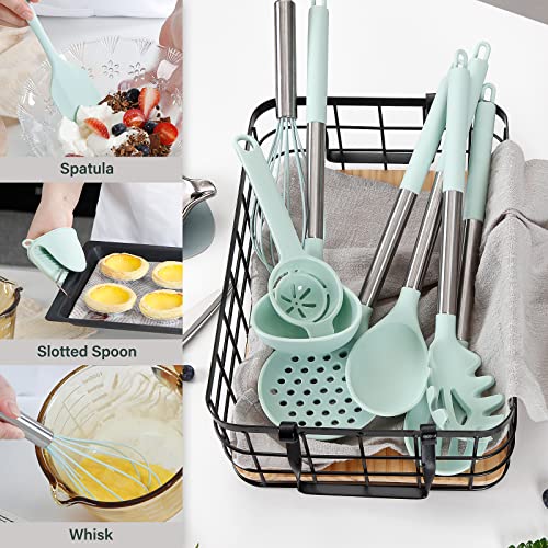 NCUE Cooking Utensils Set, 28 Pcs Silicone Kitchen Utensils Set with Holder, Silicone Whisk, Spatulas, Scissors, Measuring Cups and Spoons Set with Stainless Steel Handle Kitchen Gadgets (Light Green)