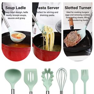 NCUE Cooking Utensils Set, 28 Pcs Silicone Kitchen Utensils Set with Holder, Silicone Whisk, Spatulas, Scissors, Measuring Cups and Spoons Set with Stainless Steel Handle Kitchen Gadgets (Light Green)