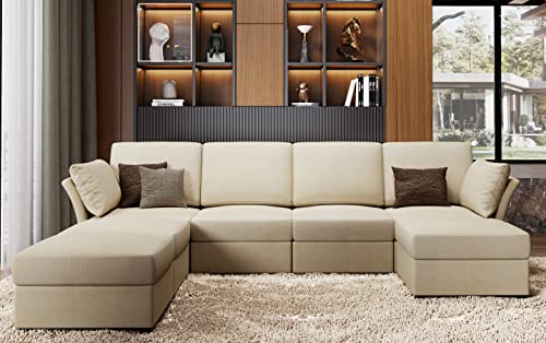 AMERLIFE Sectional Sofa, Modular Sectional Couch with Ottomans- 7 Seat Sofa Couch for Living Room, Convertible U Shaped Couch with Chaise, Oversize Sofa Beige