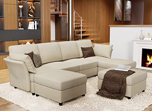 AMERLIFE Sectional Sofa, Modular Sectional Couch with Ottomans- 7 Seat Sofa Couch for Living Room, Convertible U Shaped Couch with Chaise, Oversize Sofa Beige