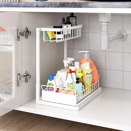 reepor Under Sink Organizer,2-Tier Pull Out Cabinet Organizer Under Kitchen Sink Organizer,Under Cabinet Storage Multi-Use for Bathroom Laundry Kitchen White