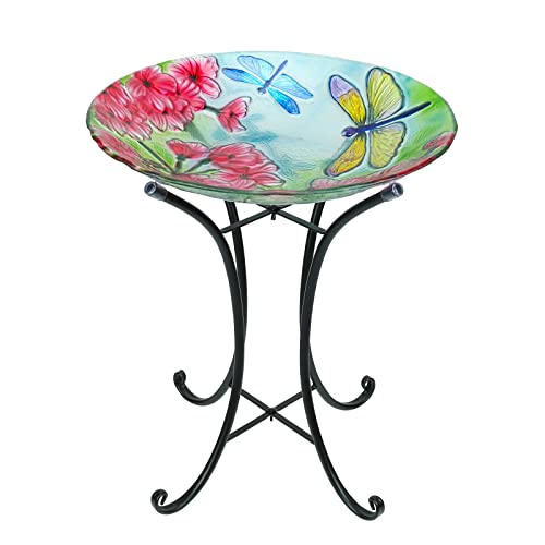 Glass Bird Baths for Outdoors, Outside Birdbaths Garden Bird Feeder with Metal Stand for Garden Patio Lawn Yard Decor 17.7" Dia 20.8” Height Dragonfly