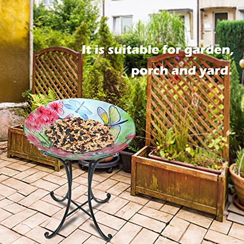 Glass Bird Baths for Outdoors, Outside Birdbaths Garden Bird Feeder with Metal Stand for Garden Patio Lawn Yard Decor 17.7" Dia 20.8” Height Dragonfly