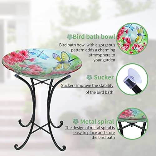 Glass Bird Baths for Outdoors, Outside Birdbaths Garden Bird Feeder with Metal Stand for Garden Patio Lawn Yard Decor 17.7" Dia 20.8” Height Dragonfly