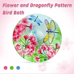 Glass Bird Baths for Outdoors, Outside Birdbaths Garden Bird Feeder with Metal Stand for Garden Patio Lawn Yard Decor 17.7" Dia 20.8” Height Dragonfly