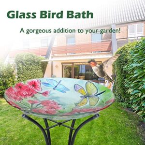 Glass Bird Baths for Outdoors, Outside Birdbaths Garden Bird Feeder with Metal Stand for Garden Patio Lawn Yard Decor 17.7" Dia 20.8” Height Dragonfly