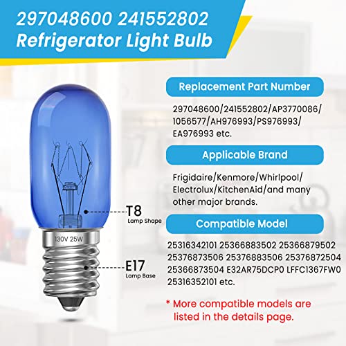 Bonlux 297048600 241552802 Refrigerator Light Bulb Replacement 25W T8 E17 110-130V Compatible with Frigi-daire, Ken-More, Whirl-Pool, Kitchen-Aid, Elect-rolx (2 Pack)