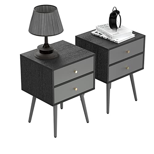 Majnesvon Nightstand End Side Table Nightstand with Storage Shelf Drawer and Shelf,21.50 inriches Wood Nightstand with 2-Drawers, Solid Wood Legs for Bedroom Furniture,(Dark Gray)