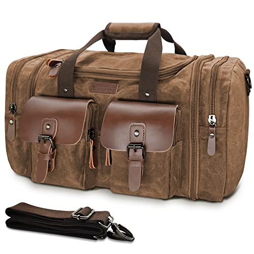 Wildroad Duffle Bag for Travel, 50L Waterproof Waxed Canvas Genuine Leather Weekender Overnight Bag Vintage Travel Hand Bag Carry on Bag