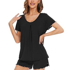 WiWi Bamboo Viscose Pajamas for Women Soft Summer Pajama Short Sets Ruffle Seams Sleepwear Comfy Pleated Pj Set S-XXL, Black, X-Large