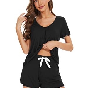 WiWi Bamboo Viscose Pajamas for Women Soft Summer Pajama Short Sets Ruffle Seams Sleepwear Comfy Pleated Pj Set S-XXL, Black, X-Large