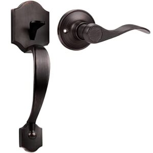 tinewa main entrance keyless door handleset, passage front door handle with lever inside, low profile front lock handleset with halifax oil rubbed bronze finish, reversible for right & left sided