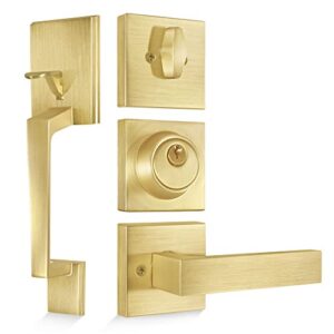 Felibat Front Door Handle,Satin Brass Front Door Lock Set with Single Cylinder Deadbolt and Door Lever,Entry Door Locksets