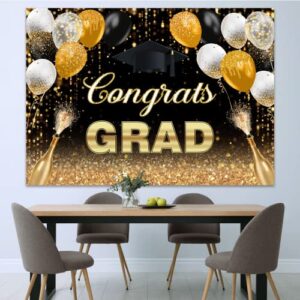 7x5ft Graduation Backdrop Congratulations Graduates Grad Background Class of 2023 Black and Gold Balloon Dots Caps Prom Photography for Senior Year Graduation Party Decoration Banner Supplies