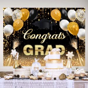 7x5ft Graduation Backdrop Congratulations Graduates Grad Background Class of 2023 Black and Gold Balloon Dots Caps Prom Photography for Senior Year Graduation Party Decoration Banner Supplies