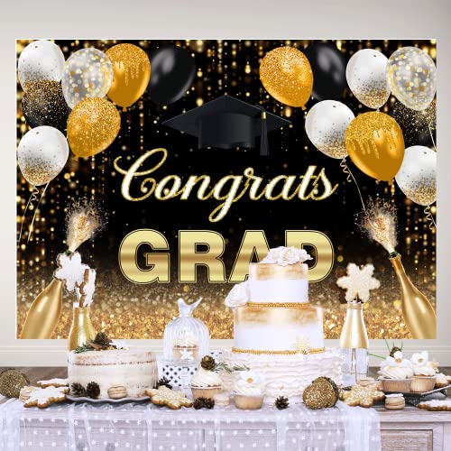 7x5ft Graduation Backdrop Congratulations Graduates Grad Background Class of 2023 Black and Gold Balloon Dots Caps Prom Photography for Senior Year Graduation Party Decoration Banner Supplies