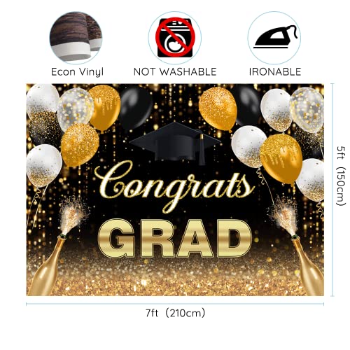 7x5ft Graduation Backdrop Congratulations Graduates Grad Background Class of 2023 Black and Gold Balloon Dots Caps Prom Photography for Senior Year Graduation Party Decoration Banner Supplies