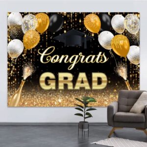 7x5ft Graduation Backdrop Congratulations Graduates Grad Background Class of 2023 Black and Gold Balloon Dots Caps Prom Photography for Senior Year Graduation Party Decoration Banner Supplies