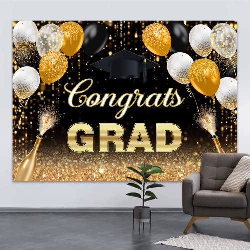 7x5ft Graduation Backdrop Congratulations Graduates Grad Background Class of 2023 Black and Gold Balloon Dots Caps Prom Photography for Senior Year Graduation Party Decoration Banner Supplies