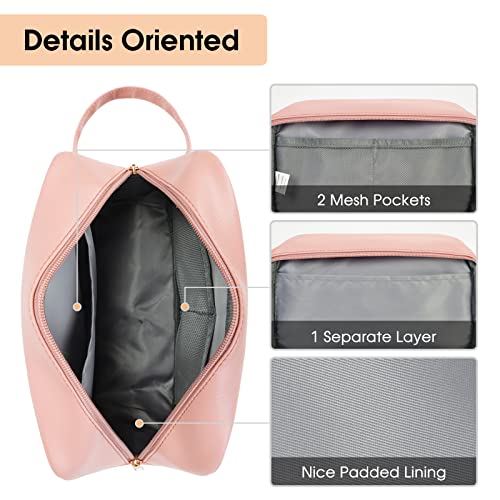 Narwey Vegan Leather Travel Toiletry Bag for Women Traveling Dopp Kit Makeup Bag Organizer for Toiletries Accessories Cosmetics (P-Pink)