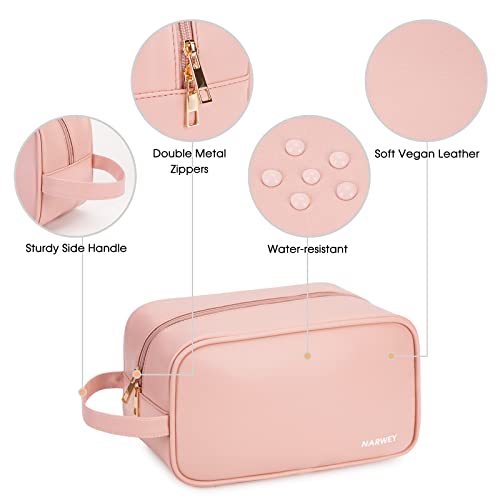 Narwey Vegan Leather Travel Toiletry Bag for Women Traveling Dopp Kit Makeup Bag Organizer for Toiletries Accessories Cosmetics (P-Pink)