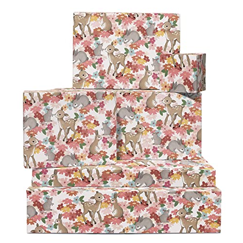 CENTRAL 23 Floral Wrapping Paper - 6 Gift Wrap Sheets - Woodland Creatures Wrapping Paper - Deer Bunny Animals Flowers - Comes With Fun Stickers